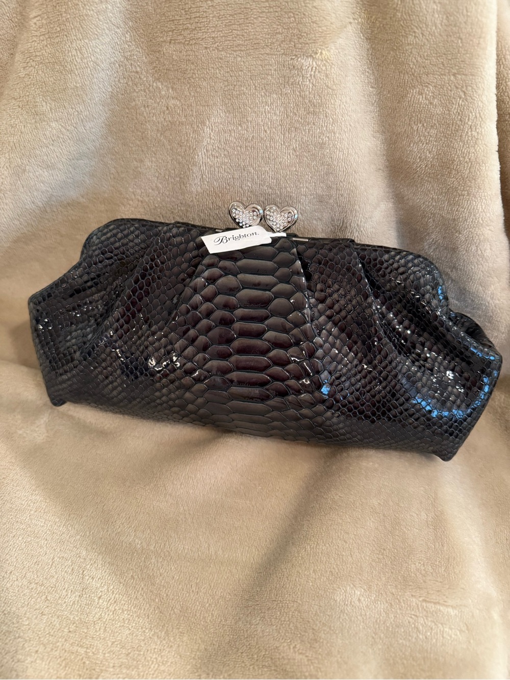Brighton Black Faux Snakeskin Heart-Clasp Wristlet Clutch